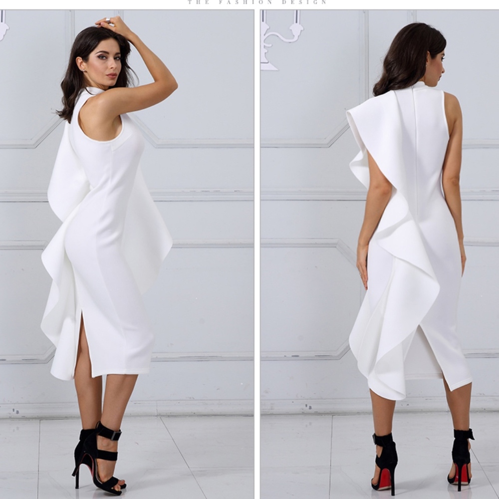 Flounce Detail White Pencil Dress - Picture 5 of 8